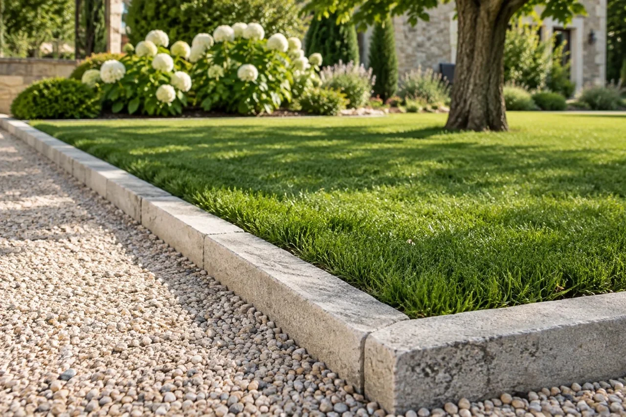 Allée en gravier bordée de pierre au pied d’un jardin paysager