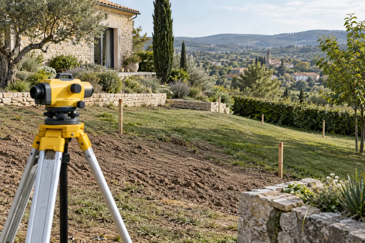 Niveau optique sur trépied devant un jardin en pente jalonné de piquets.