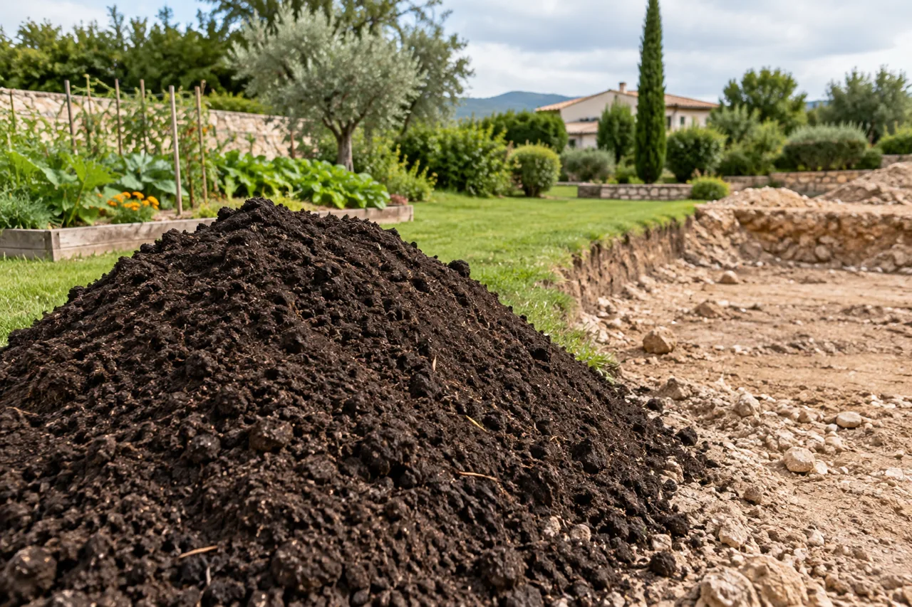 Tas de terre végétale sombre conservé près d’un potager et d’une zone décaissée.