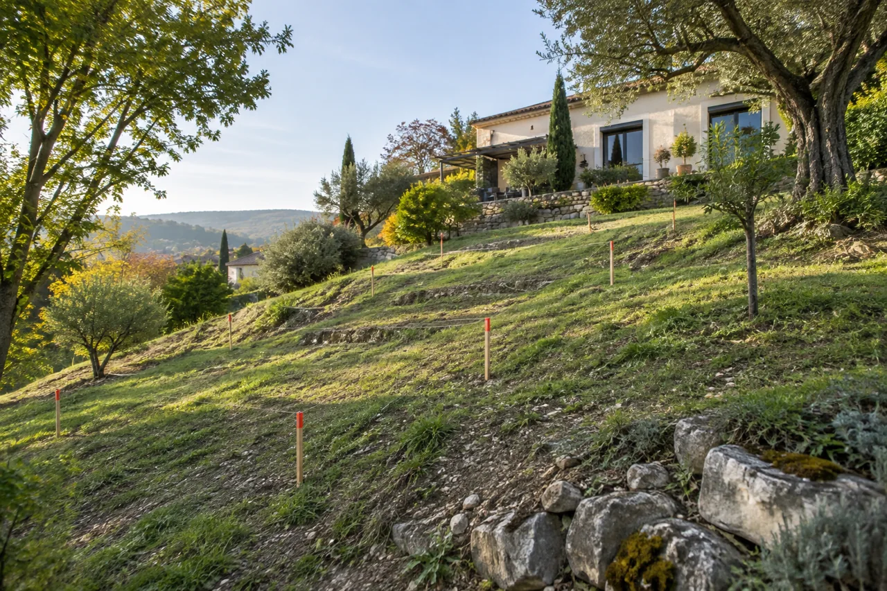 Jardin en pente avec piquets de repérage sous une maison et des arbres.