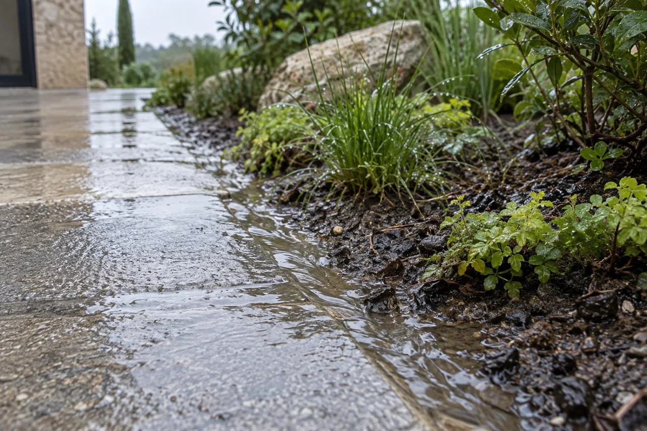 Eau de pluie longeant une allée en pierre au bord d’un massif planté.