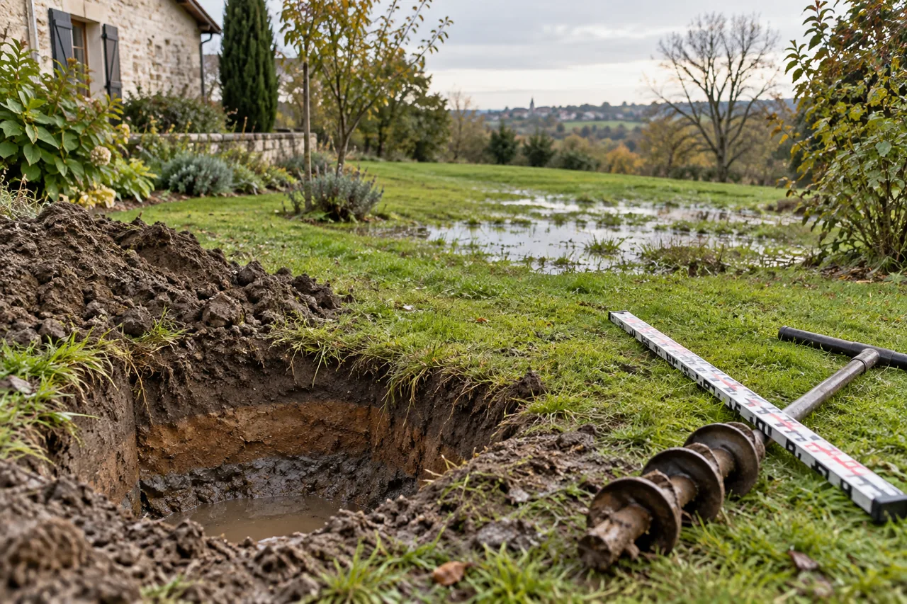 Trou d’observation rempli d’eau près d’une tarière et d’une mire dans un jardin humide.