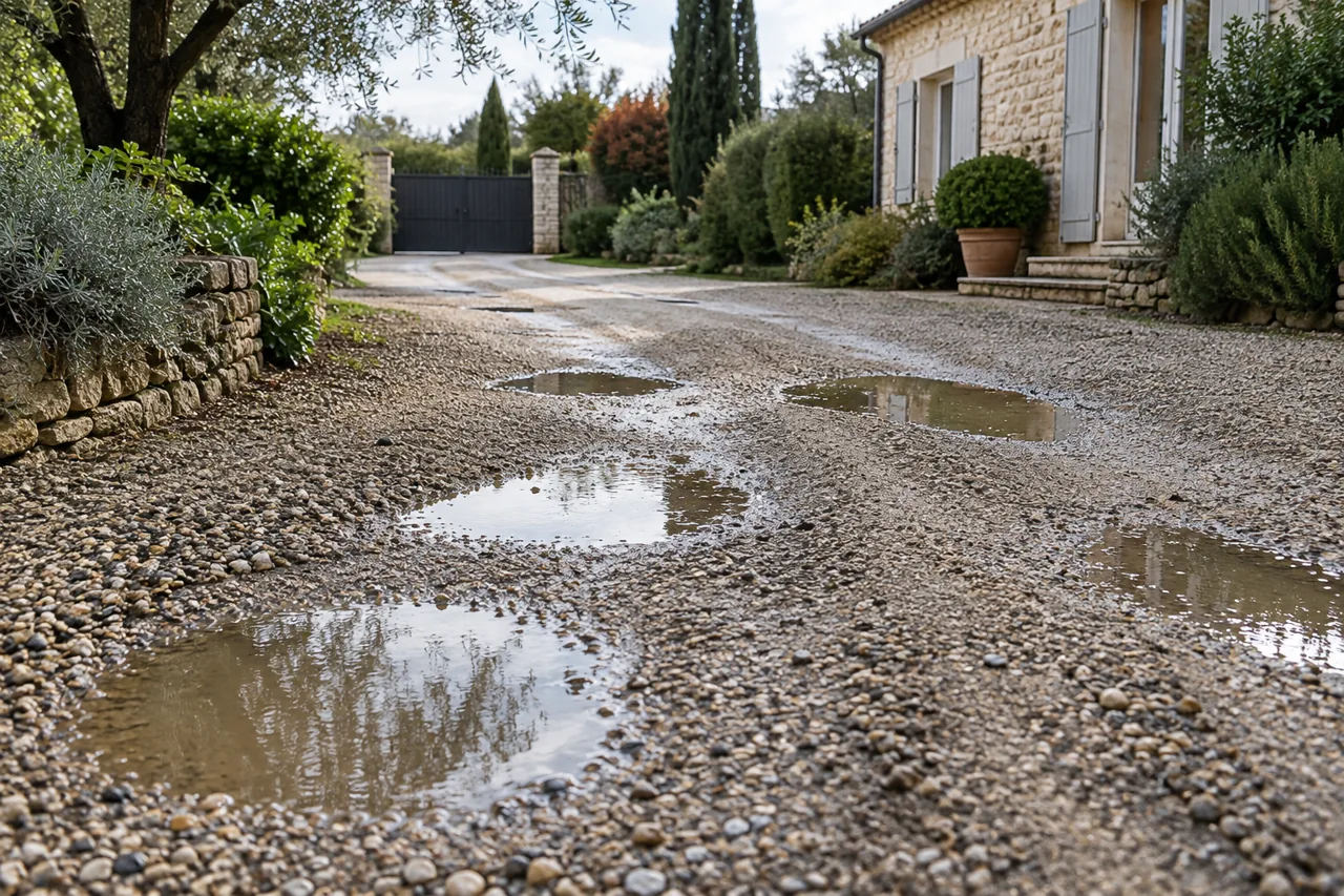 Flaques dispersées dans les creux d’une allée en gravier.
