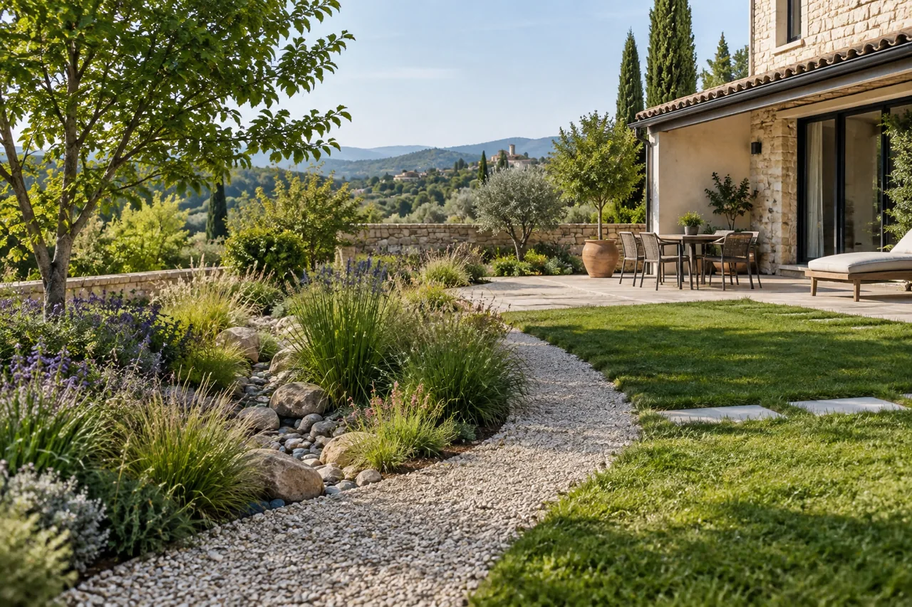 Jardin associant allée de gravier, massifs plantés, pelouse et terrasse dallée.