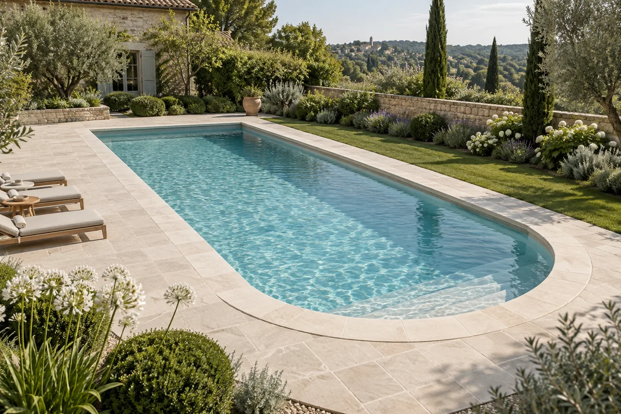 Piscine allongée à extrémité arrondie avec escalier et margelles en pierre claire.