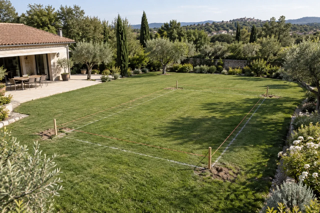 Piquets et cordeaux délimitant un futur bassin rectangulaire sur une pelouse.