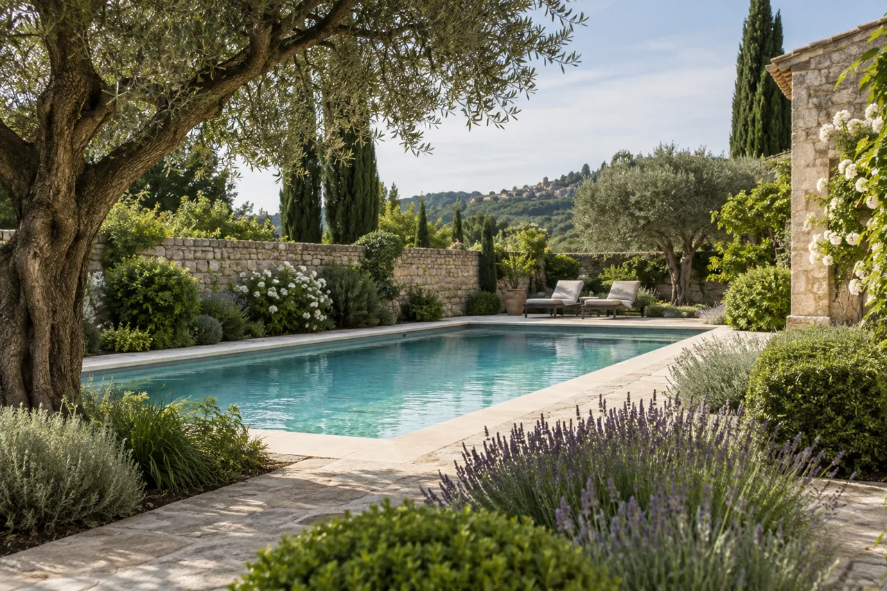 Piscine rectangulaire intégrée entre olivier, lavandes, muret et chemins en pierre.