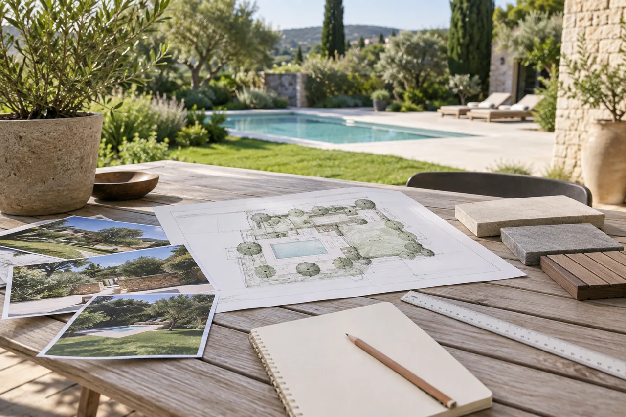 Plan de jardin, photographies, carnet et échantillons de matériaux sur une table extérieure.
