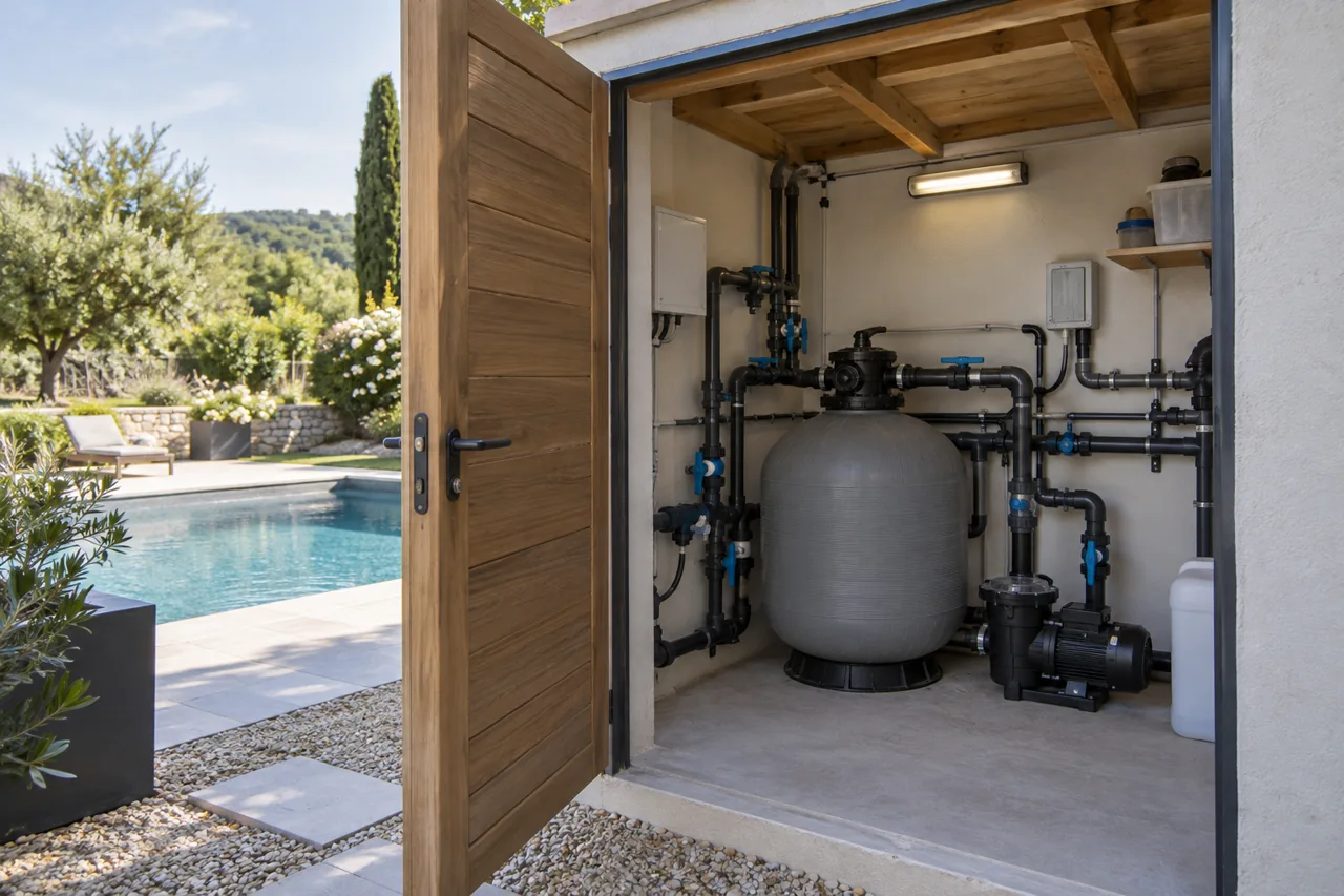 Local technique ouvert avec filtre, pompe et tuyauteries près d’une piscine.