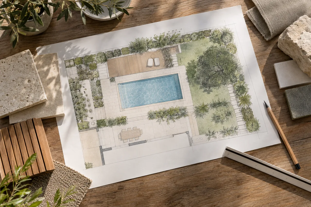 Plan de piscine et de terrasse entouré d’échantillons de pierre, de bois et d’outils de dessin.