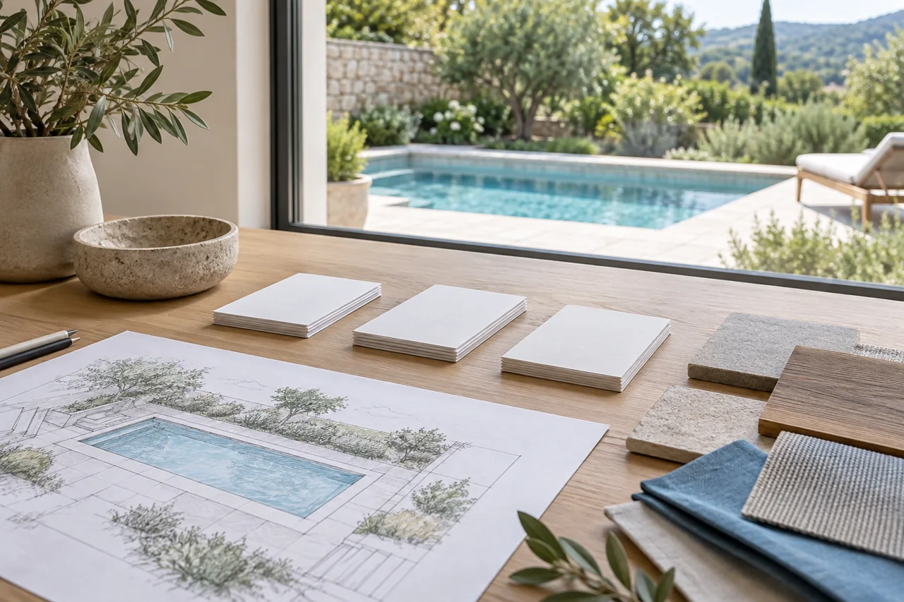 Croquis de piscine, trois piles de cartes et échantillons de matériaux sur un bureau.