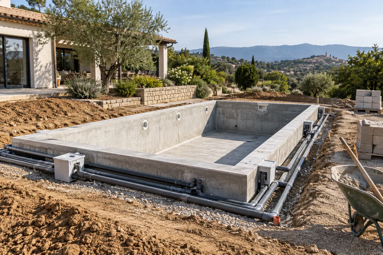 Bassin en béton en construction avec canalisations apparentes et terre autour.