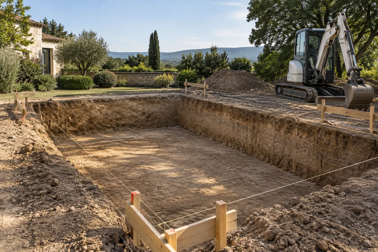 Excavation rectangulaire repérée par cordeaux et chaises d’implantation, avec mini-pelle à côté.