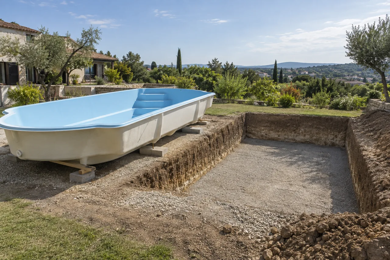 Coque de piscine bleu clair sur supports près de son excavation préparée.