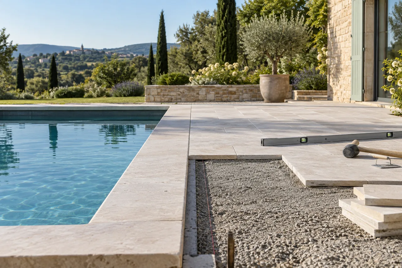 Terrasse en pierre partiellement posée près des margelles, avec niveau et maillet.