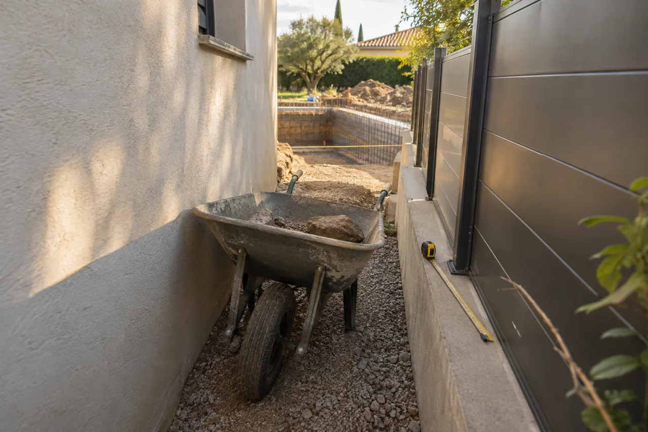 Brouette et mètre dans un passage étroit menant au chantier d’une piscine.