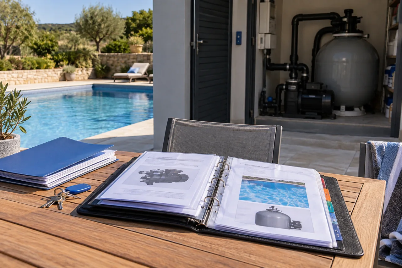 Classeur de notices et clés posés près d’une piscine et de son local technique.