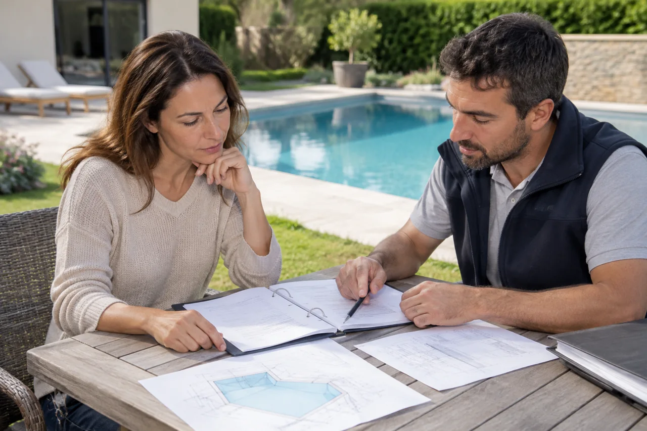 Propriétaire et artisan examinant un dossier et des plans au bord d’une piscine.