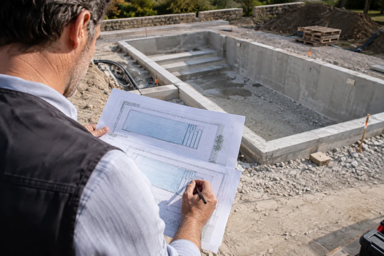 Plans d’escalier examinés devant un bassin en béton en construction.