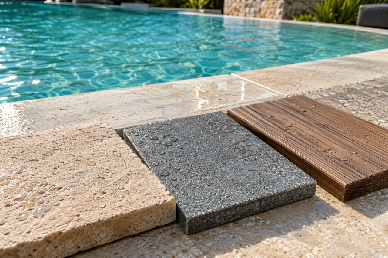 Échantillons mouillés de pierre, de dalle grise et de bois au bord d’une piscine.