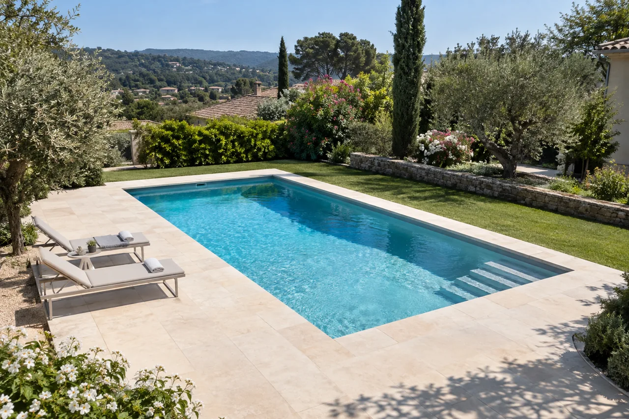 Piscine rectangulaire avec plage élargie pour les transats et accès dégagé.
