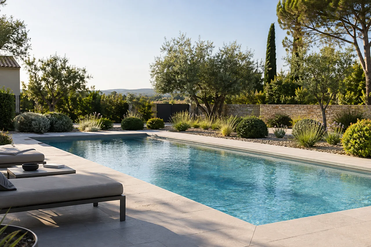 Massifs bas de graminées et d’arbustes autour d’une piscine.