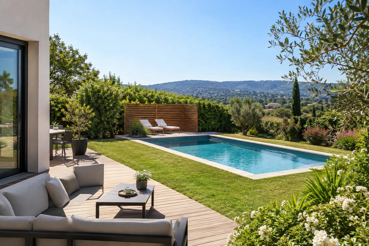 Piscine bordée d’une haie et d’un écran en bois derrière les transats.