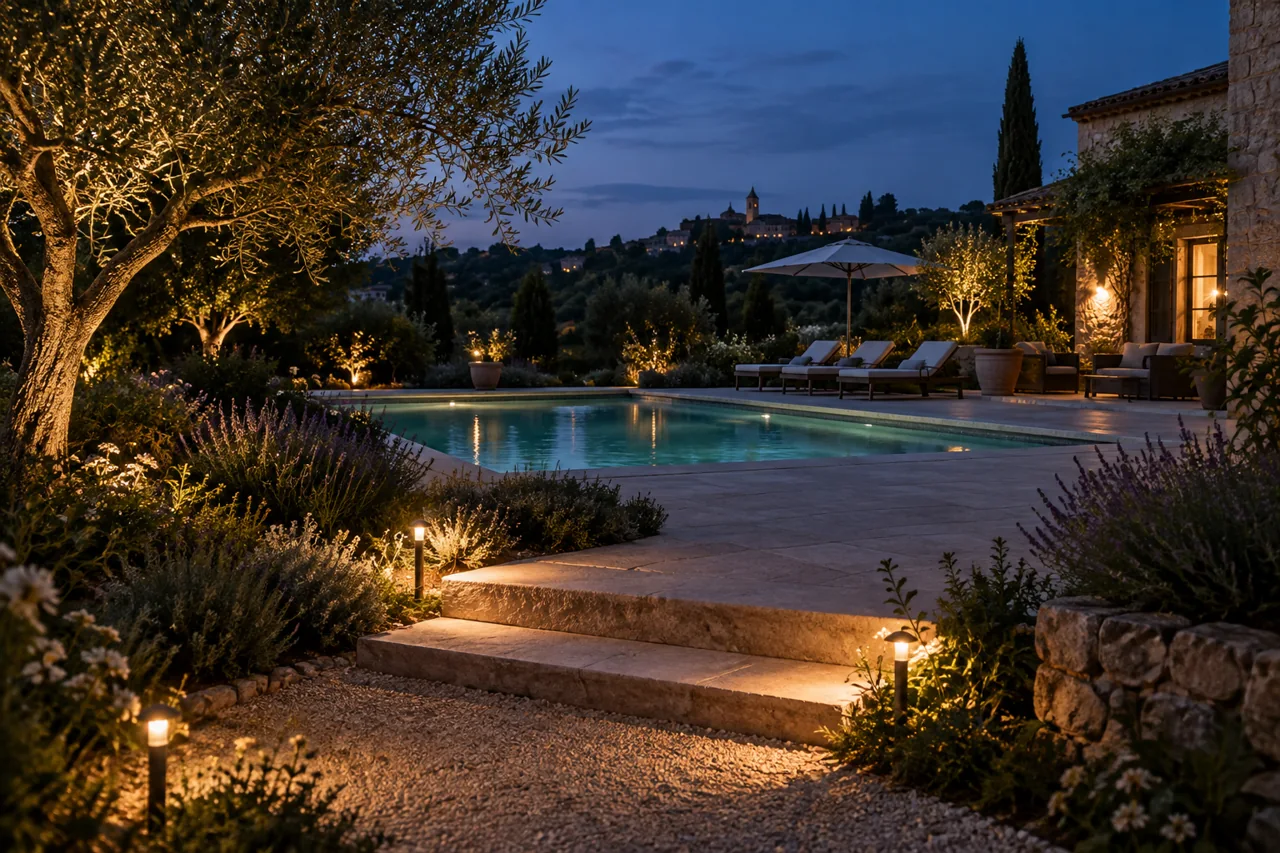 Marches et chemin de piscine balisés par des lumières chaudes à la tombée du jour.