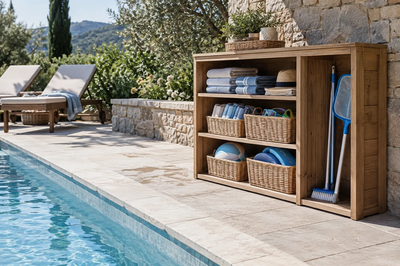 Meuble en bois contenant serviettes, paniers, épuisette et brosse près d’une piscine.