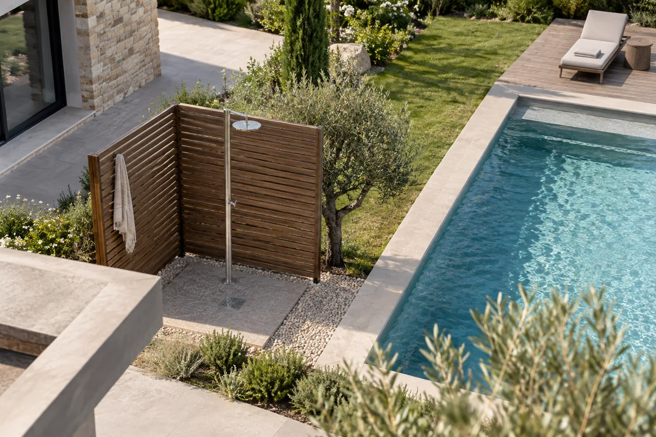 Douche extérieure avec écran en bois et grille d’évacuation près du bassin.