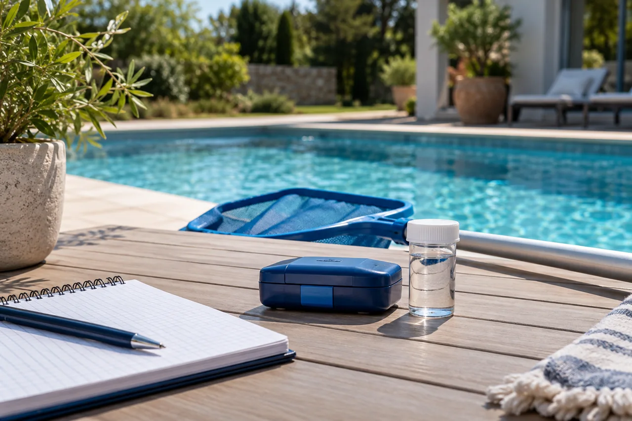 Carnet, kit de contrôle et échantillon d’eau sur une table près d’une piscine.