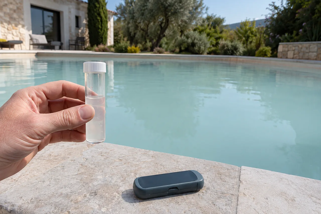 Échantillon d’eau tenu devant une piscine à l’eau trouble.