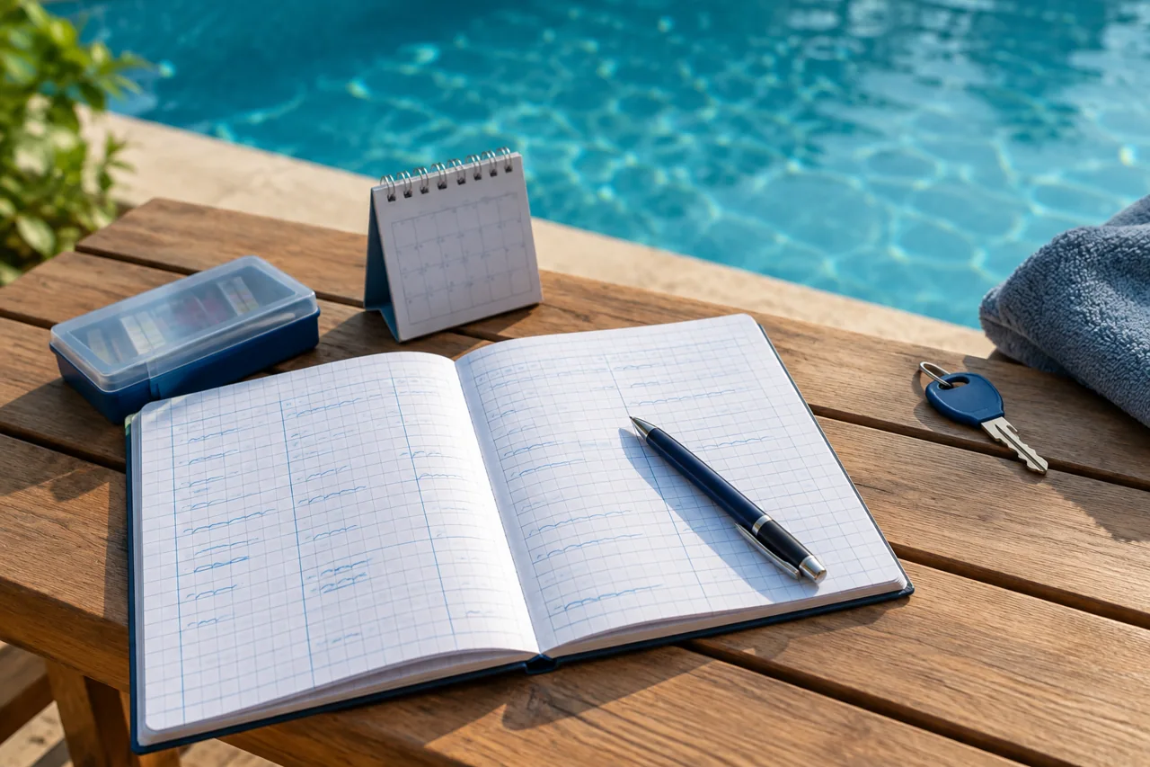 Carnet d’entretien, calendrier, kit de contrôle et clé sur une table de piscine.