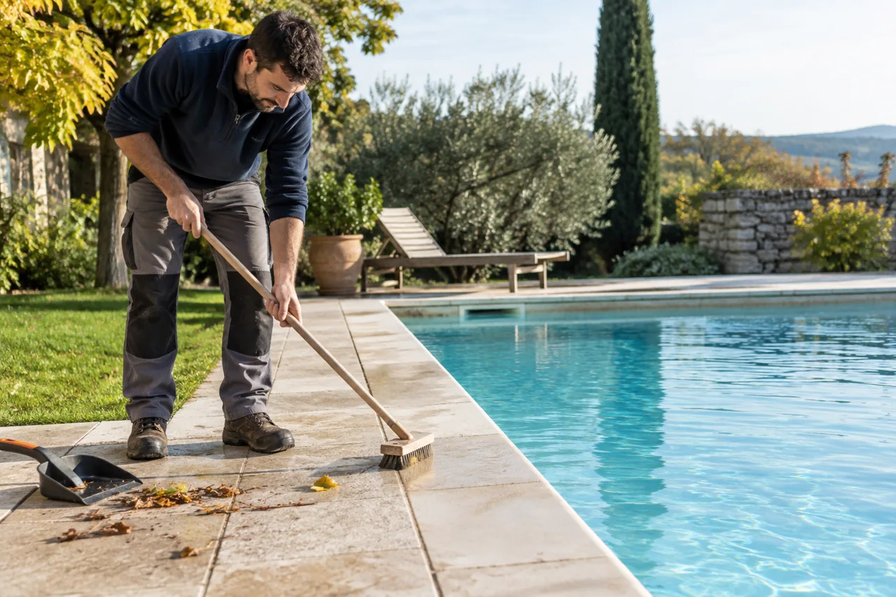 Personne brossant les dalles et ramassant les feuilles au bord d’une piscine.