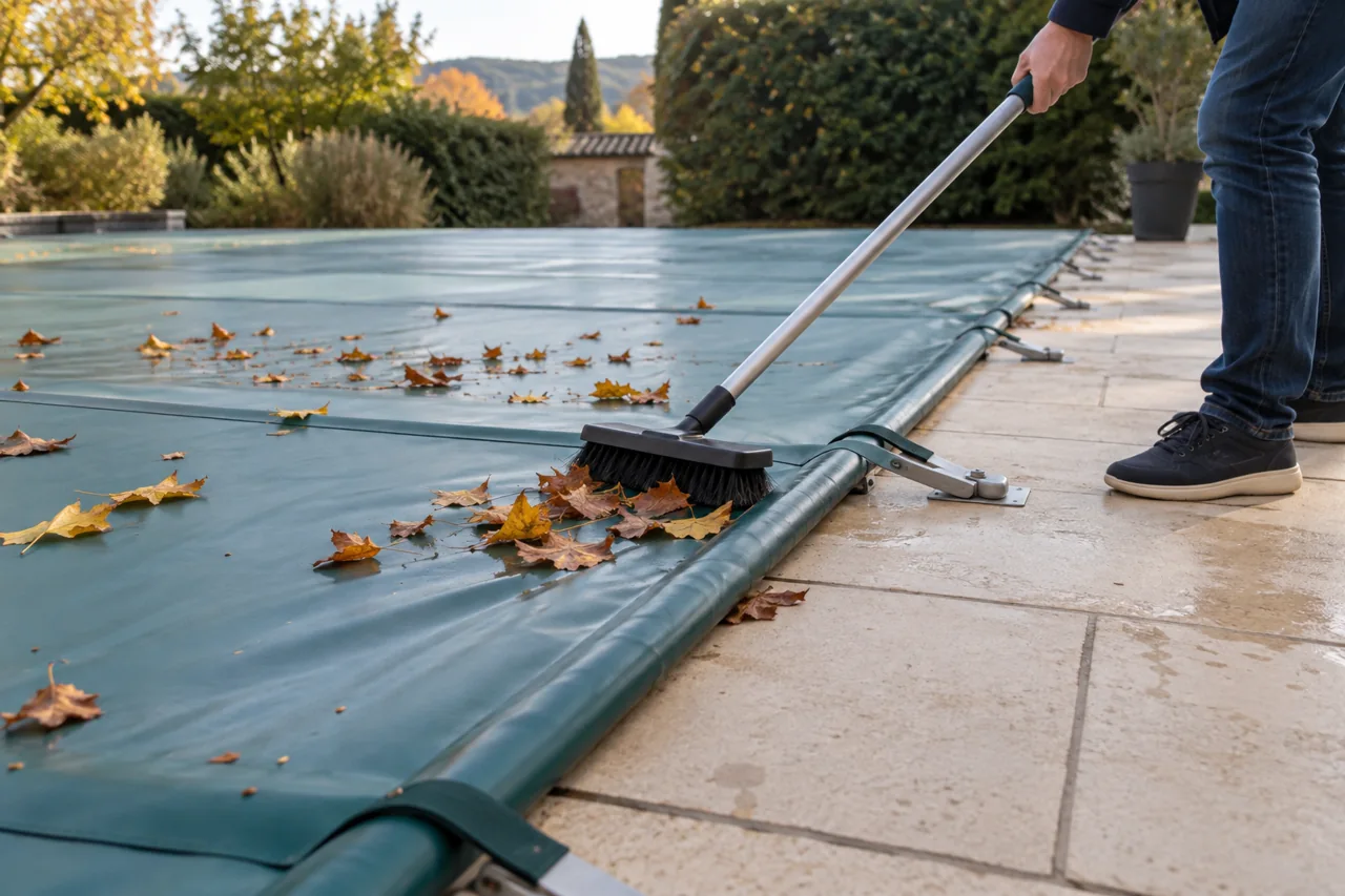 Feuilles retirées à la brosse sur une couverture de piscine depuis la terrasse.