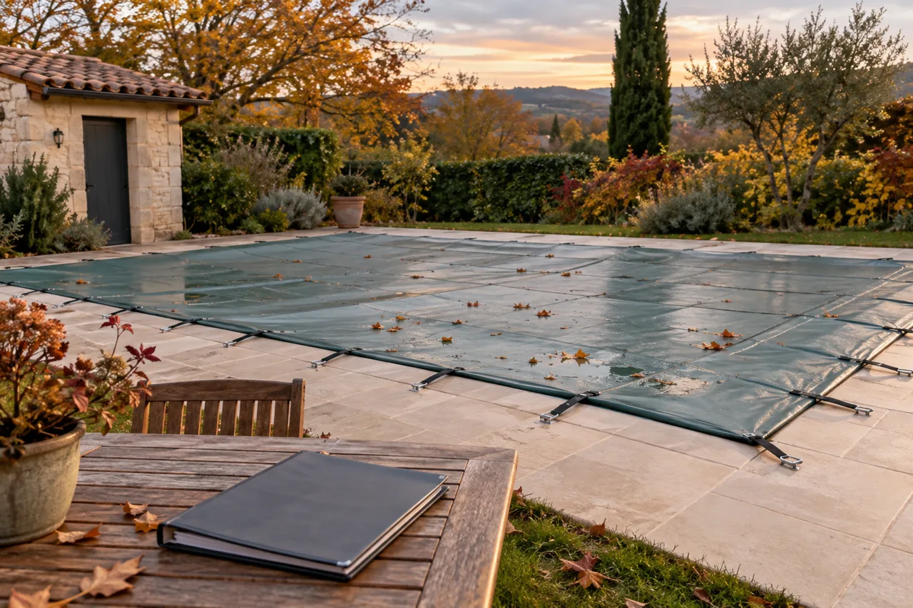 Piscine couverte dans un jardin d’automne avec dossier posé sur une table.