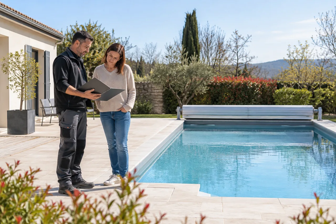 Technicien et propriétaire consultant un dossier près d’une piscine au printemps.