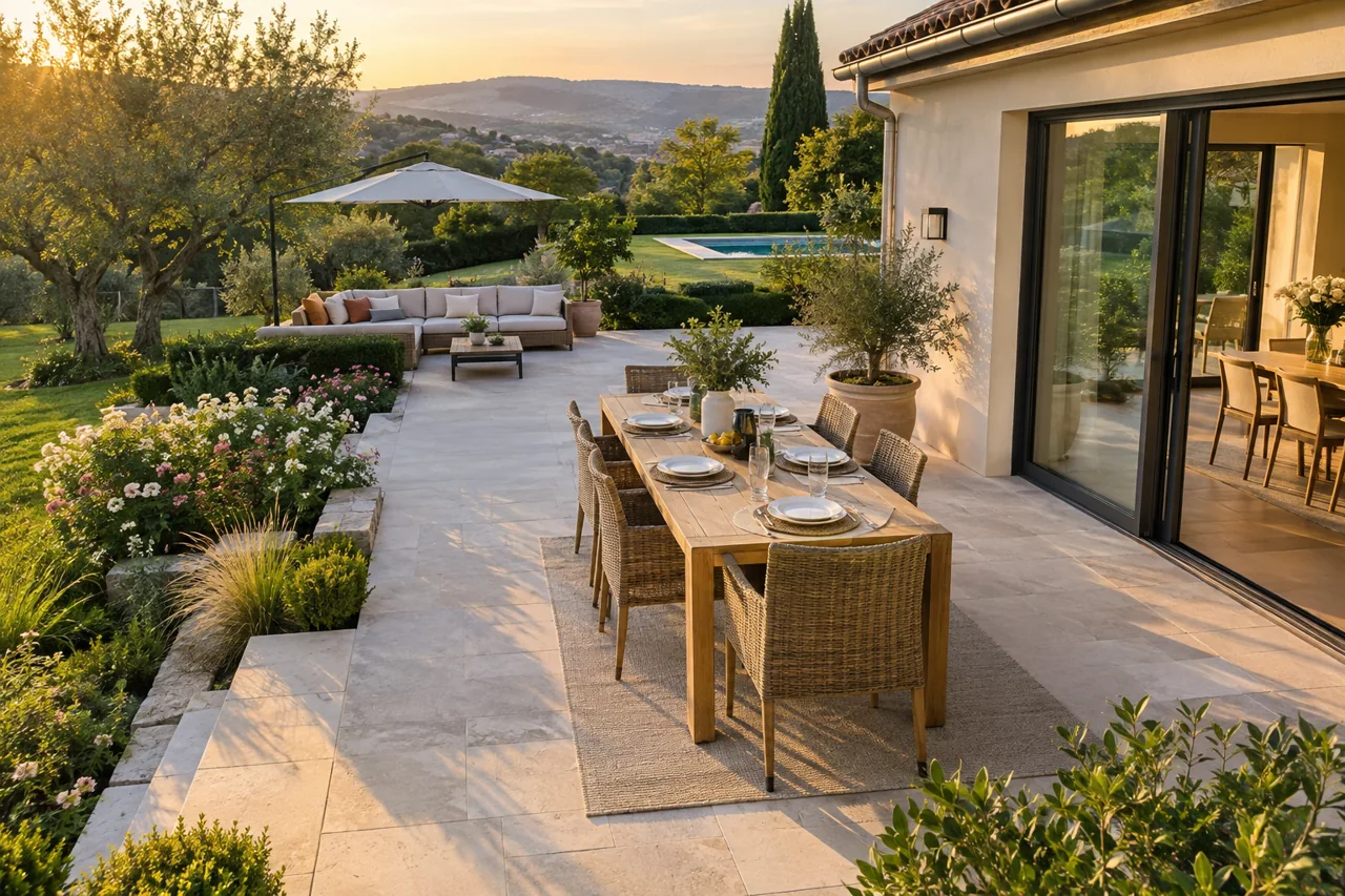 Terrasse avec table de repas, passages dégagés et salon extérieur séparé.