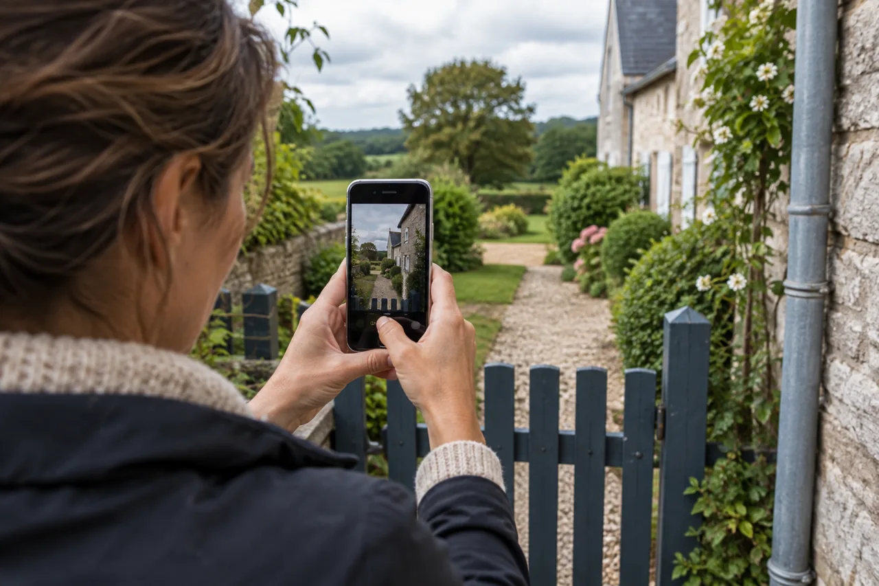 Une personne photographie au téléphone le portail et l’accès d’un jardin.