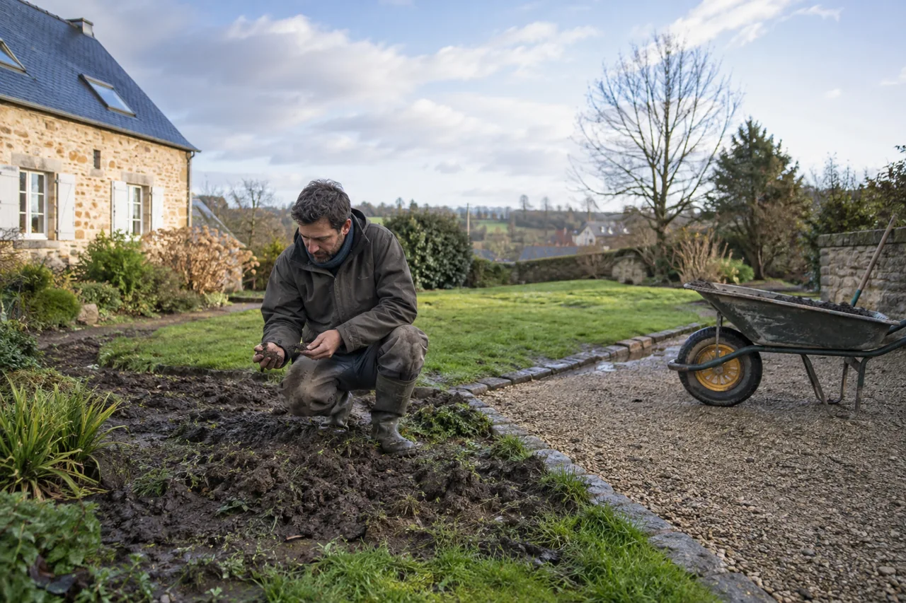 Un professionnel examine la terre humide près d’une allée et d’une brouette.
