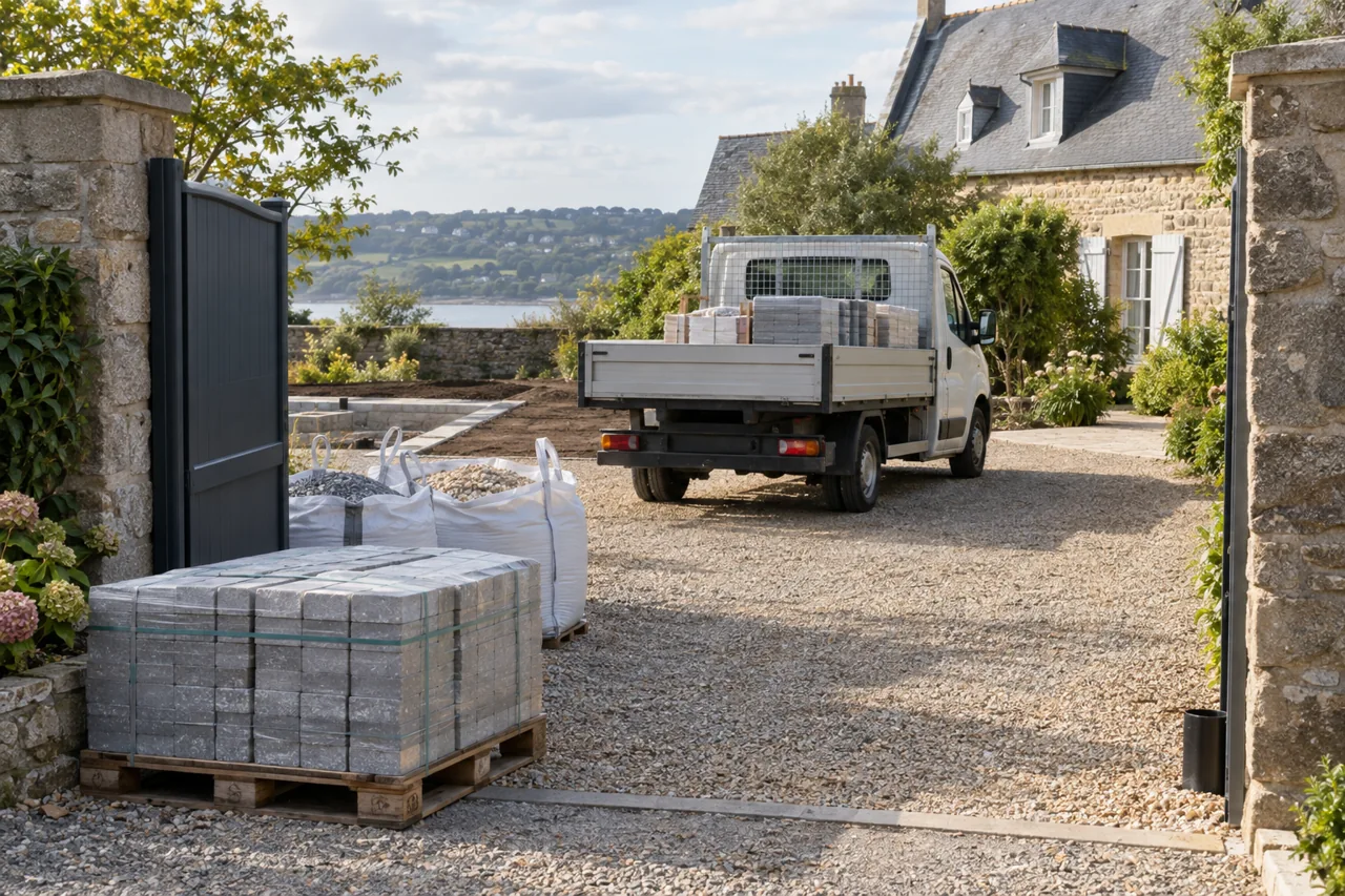 Camion de livraison, palettes de pavés et sacs de gravier dans une cour.