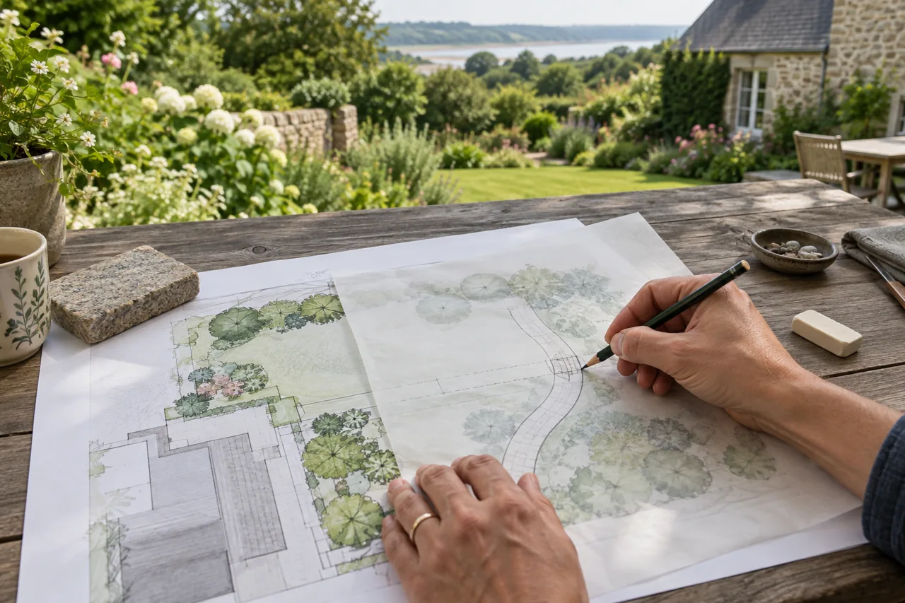 Des mains corrigent le tracé d’une allée sur un calque posé sur un plan de jardin.