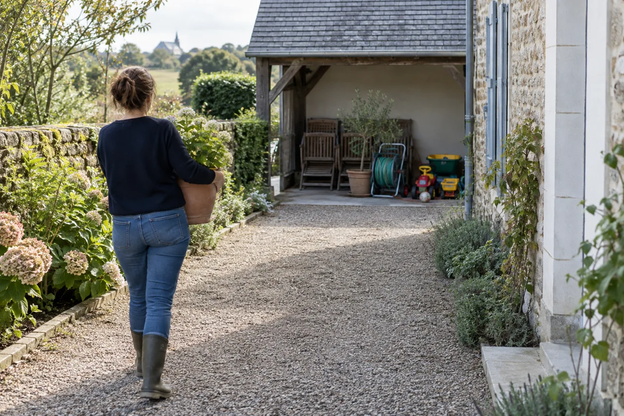Une personne déplace un pot vers un abri où sont rangés mobilier et objets de jardin.