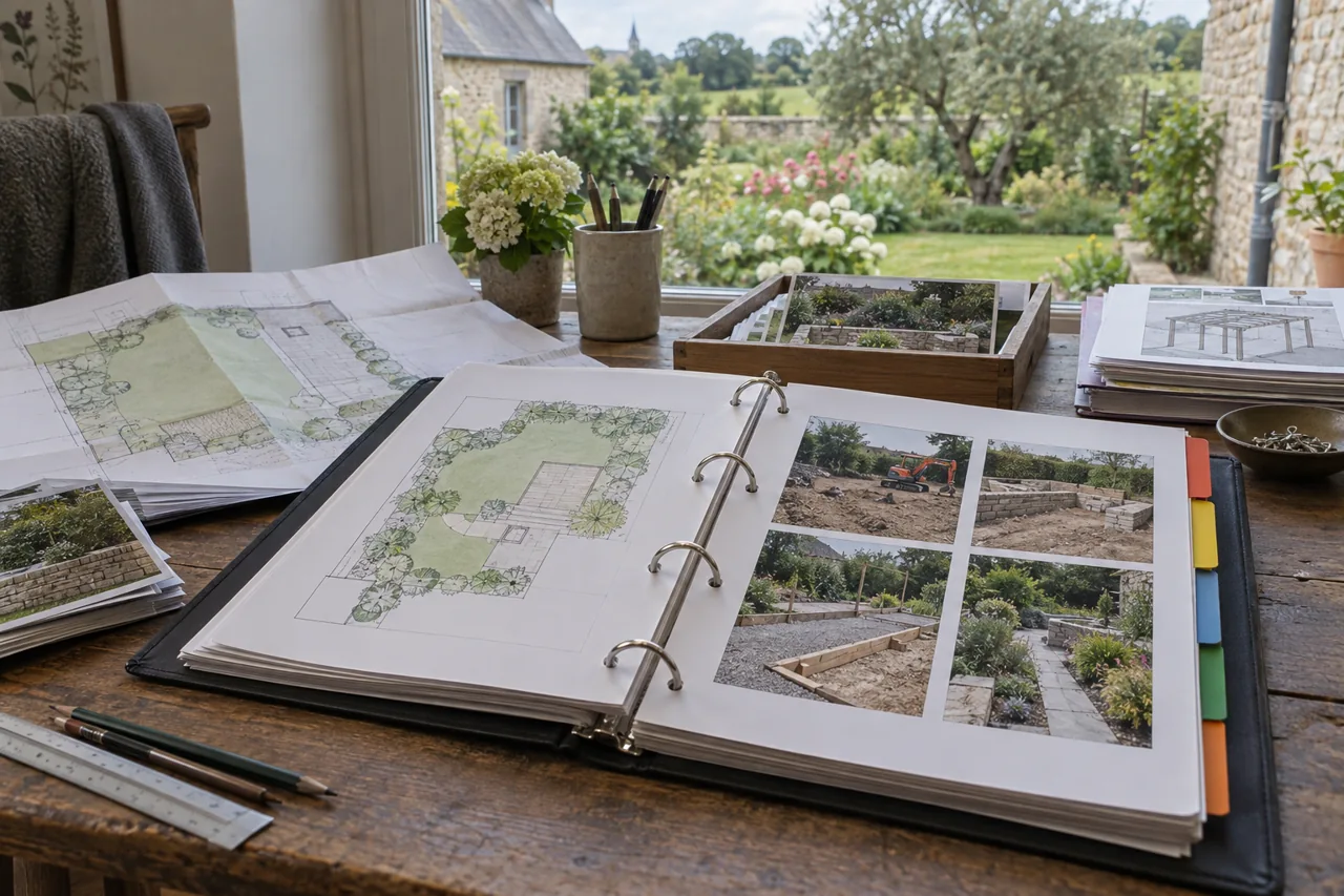 Classeur ouvert contenant plans et photographies des étapes d’un chantier.