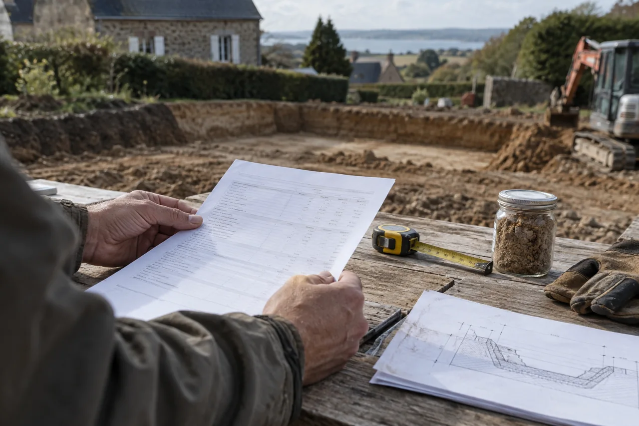 Lecture d’un document de chiffrage devant une excavation, avec plan et échantillon de terre.
