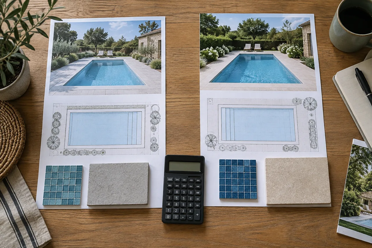 Deux propositions de piscine présentées avec plans, photos et échantillons de revêtement.