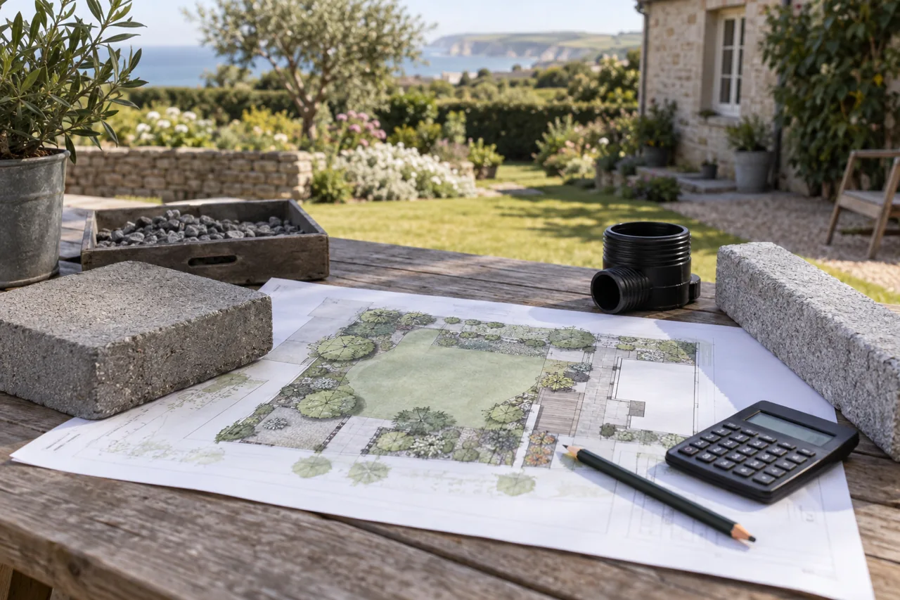 Plan de jardin entouré de pavés, gravier, raccord de drainage et calculatrice.