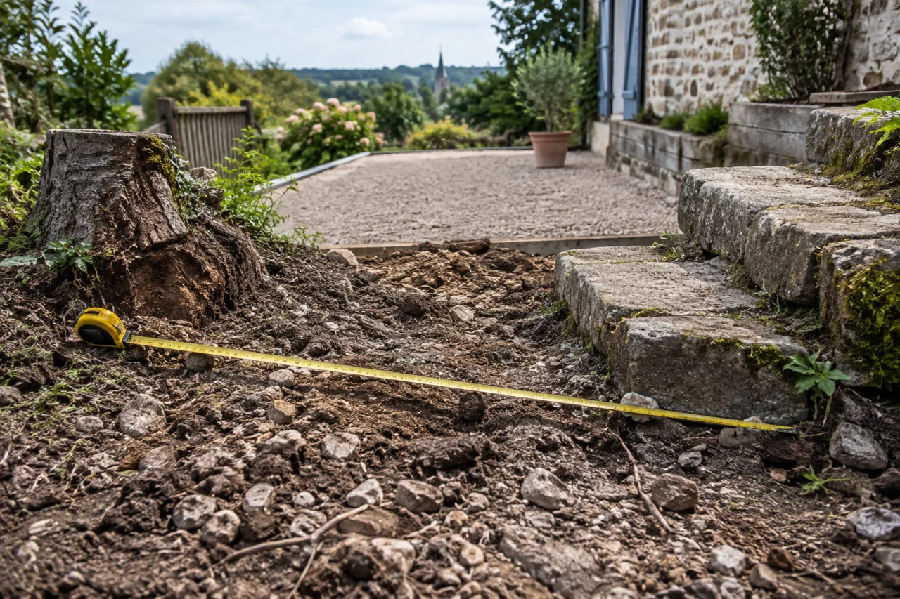Mètre déroulé sur un sol irrégulier entre une souche et des marches anciennes.