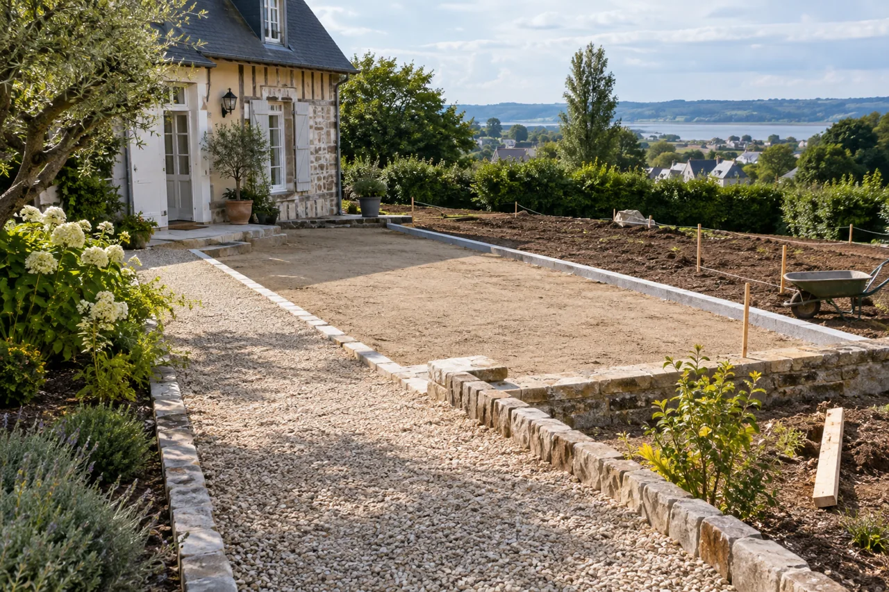 Allée en gravier terminée longeant une terrasse préparée et une zone de plantation délimitée.