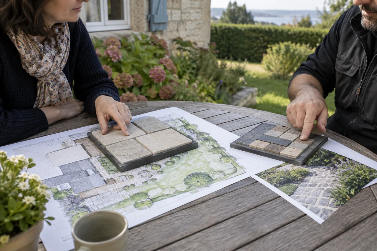 Deux personnes comparent des échantillons de pavés posés sur des plans de jardin.